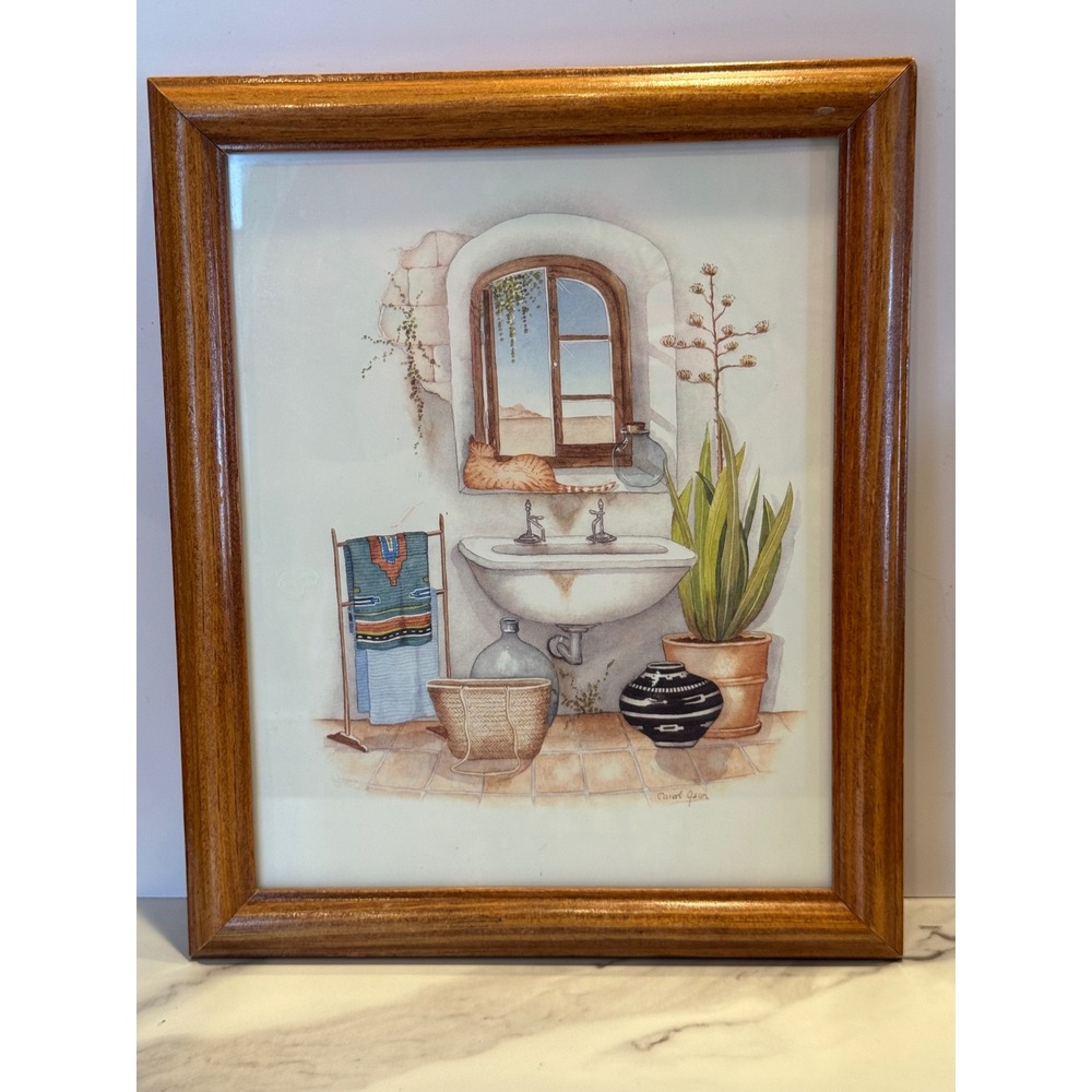 Carol Jean Southwestern Art Print Framed Cat Window Desert Scene Watercolor Art
